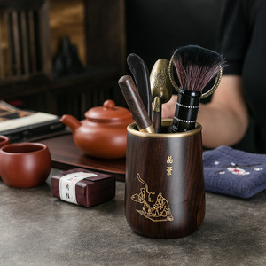 Ebony Solid Wood <b>Tea</b> <b>Set</b> Six Gentlemen Kung Fu <b>Tea</b> Utensils Gold Handle <b>Tea</b> Spoon Knife Tongs Brewing Tools Cylinder Shape - Product Image 3