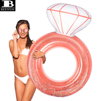 Bouée géante gonflable en forme de bague de fiançailles avec confettis scintillants, tube de natation en PVC durable, radeau de piscine, jouets de fête aquatiques pour adultes et enfants