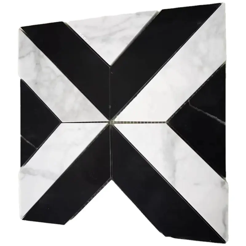 12X12 Inch Gepolijst Carrara Wit En Zwart Chevron Marmeren Mozaïek Voor Vloeren En Backsplash Diamant Mozaïek Schilderen