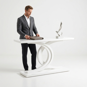 Mesa Consola Moderna con Tapa de Madera Maciza, Estructura Metálica y Base Cruzada con Cajón, para Recibidor o Entrada - Product Image 5