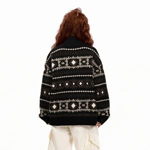 Autumn Thick Fair Isle Color Contrast Jacquard Zipper Closure Stand Collar Unisex Loose Preppy Style Knitted <strong>Cardigan</strong> <strong>Sweater</strong> - Product Image 3