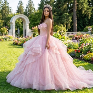 ชุดเดรสออกงาน Quinceanera สีชมพูอ่อนหรูหรา รุ่น Spjy003 ผ้าซาติน แต่งดอกไม้ 3 มิติ ระบายผ้าทูลล์ทรงบอลกาวน์เจ้าหญิง - Product Image 1