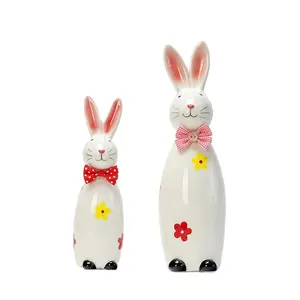 White bunny and bow tie statues sculpture ceramic easter decorations bunny animal figurine