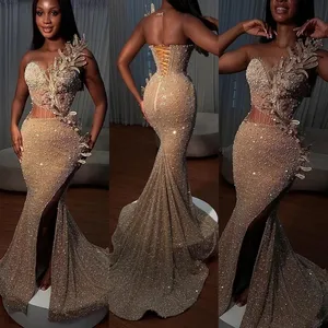 Sparkly Beaded Floral Mermaid Prom Dress Sexy High Slit Sequin Beaded Shiny Formal Evening Party Gowns Dubai Arabic Robe De Bal