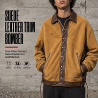 Blouson Bomber en Daim Marron Chameau Personnalisé 400gsm avec Bordures en Cuir, Panneaux Latéraux Lacés, Doublure Rayée, Poches, Vêtement d'Extérieur, Streetwear, OEM ODM