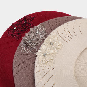 Béret tricoté pour femme avec strass floraux, chaud, coupe-vent, protection solaire, mode printemps-automne, polyester/coton, 50-52 cm, beige - Product Image 4
