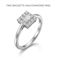 Bague de fiançailles en or blanc massif 18 carats avec diamants, 2 grappes de baguettes, halo de forme carrée et épaules fendues lisses, pour marque de bijoux