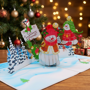 Tarjeta desplegable de muñeco de nieve, tarjeta desplegable 3D de animales hecha a mano en Vietnam, tarjeta de felicitación con flores. - Product Image 1