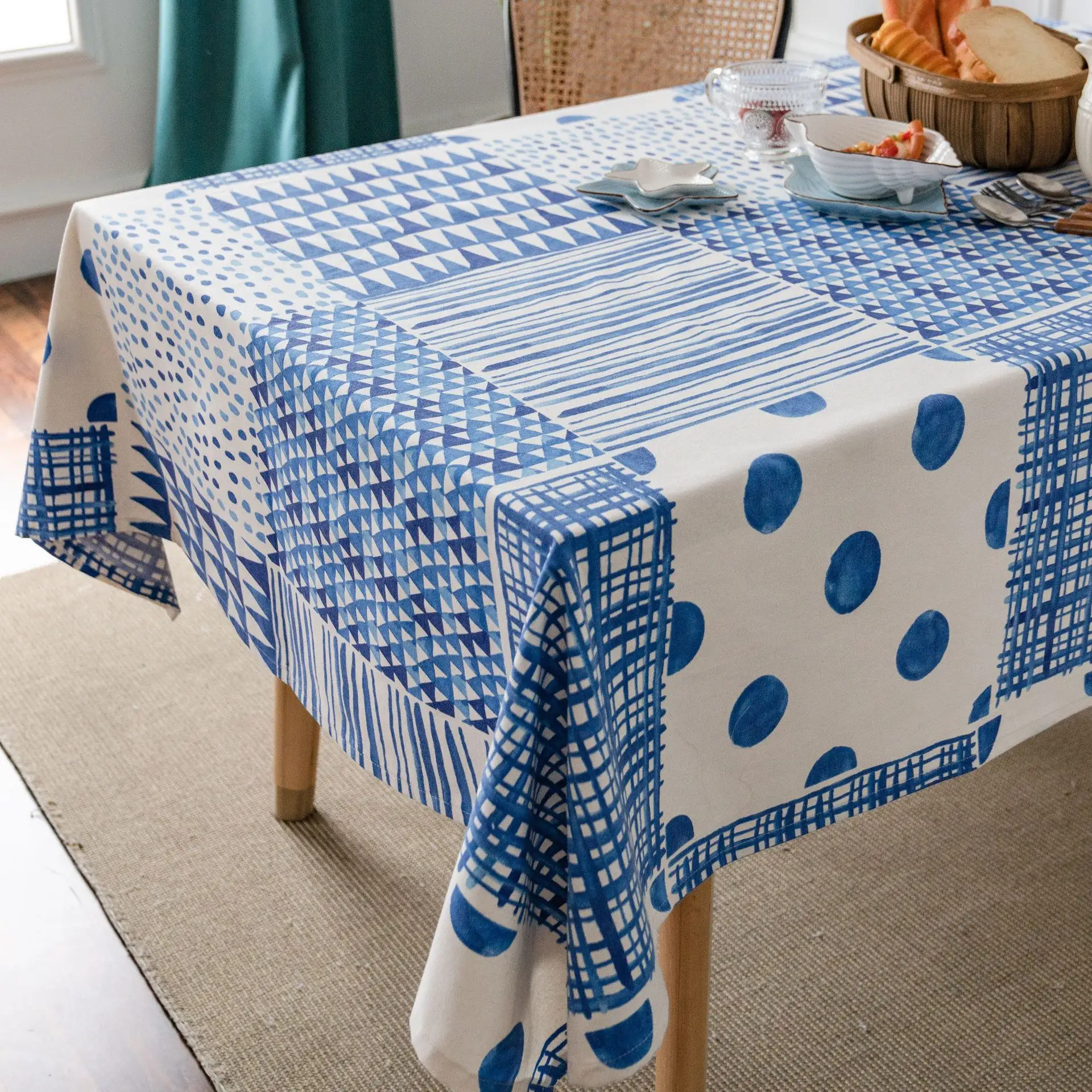 Mantel de lino y algodón con estampado geométrico, costura azul, para restaurante y hogar, venta al por mayor