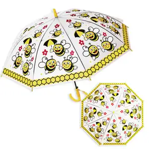 Guarda-chuva para crianças, guarda-chuva semiautomático transparente e fofo para meninas e meninos, com alça longa, feito de concha pirata e abelha, cavalo e borboleta