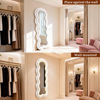Miroir décoratif moderne ondulé pleine longueur, irrégulier, avec éclairage 3 couleurs réglable, anti-explosion, cadre de luxe en velours Teddy