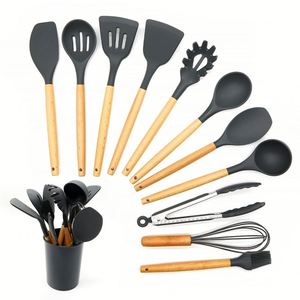 Bán buôn mềm 11 cái nhãn hiệu riêng Đồ dùng nhà bếp Silicone đồ dùng nhà bếp với tay cầm bằng gỗ không dính <span class=keywords><strong>Cookware</strong></span> <span class=keywords><strong>Set</strong></span> nấu ăn quá - Product Image 2