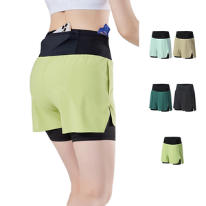 Shorts de yoga skinny taille haute pour femme avec taille élastique en toile, décontractés, pour la course et le sport, avec doublure et poche arrière - Product Image 1