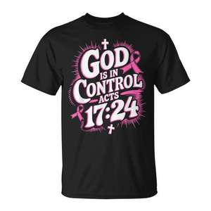 Dieu est au contrôle, Actes 17:24, t-shirt de sensibilisation au cancer du sein, design avec ruban rose - Product Image 1