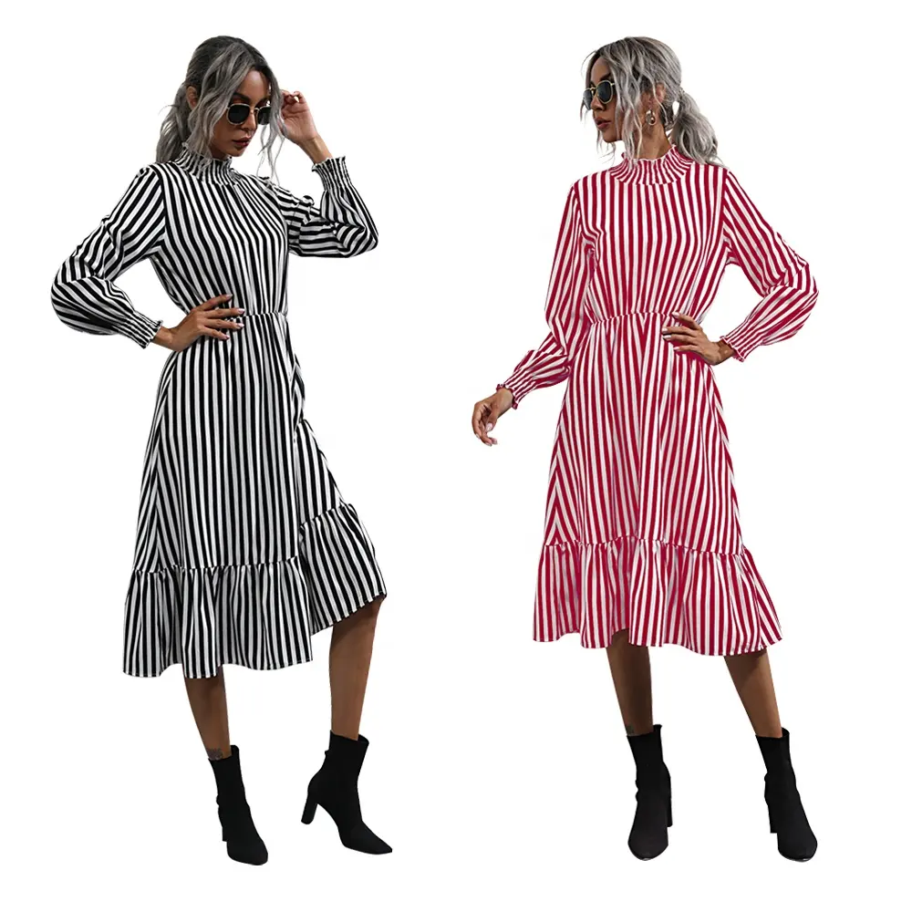 Women's Spring and Autumn new fashion small turtleneck elastic waist slim striped dress clothing manufacturers womens clothing