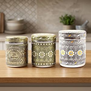 Oriental Engraved Stainless steel spice Containers Set With Lid Round Design <b>Storage</b> <b>Boxes</b> For <b>Kitchen</b> Use - Product Image 2