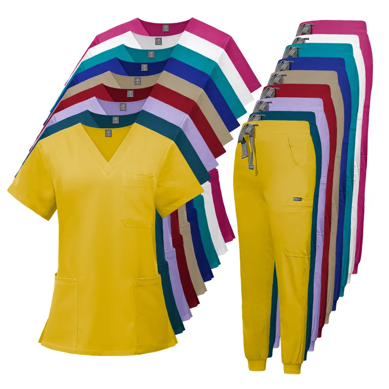 2024 OEM confortable rouge uniformes d'hôpital pour les femmes de couleur blanche rayonne mangue jaune soins infirmiers gommages doux à manches courtes Spa uniforme