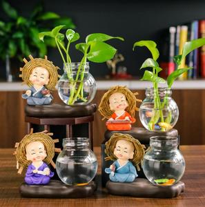 Resin Little Buddha <strong>Monk</strong> Figures With Flower Arrangements Hydroponic Green Dill Vase - Product Image 2