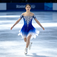Robe de patinage artistique dégradé bleu et blanc, manches longues en maille, dos ouvert, ornée de strass, jupe asymétrique pour la compétition