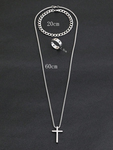 SC Nuovo Stile Set di Gioielli Hip Hop in Acciaio Inossidabile Argento <span class=keywords><strong>e</strong></span> Nero, Bracciale a Catena, <span class=keywords><strong>Anelli</strong></span> <span class=keywords><strong>e</strong></span> Collana con Croce, Set di Gioielli Punk per <span class=keywords><strong>Uomo</strong></span> - Product Image 3