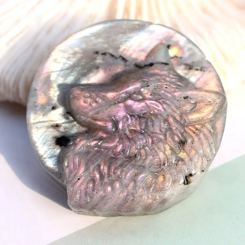 Wholesale Cheap Price Natural Pink Purple Flashy Labradorite Crystal Wolf Heads For Pendant