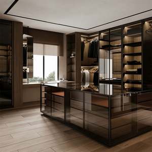 Fabricant de Foshan, armoire en bois de style moderne et luxueux, porte en verre, portes coulissantes à charnières, grande capacité, rangement durable pour vêtements - Product Image 5