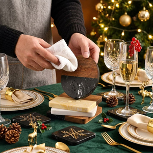 Christmas Black Marble Coaster Set Wholesale Modern Wooden <b>Round</b> Table <b>Mat</b> Suitable for Holiday Use Tableware <b>Mat</b> - Product Image 6