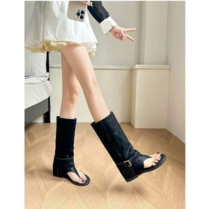 Sandales à lanières, bottes hautes pour femmes, chaussures plates décontractées d'été avec sangle à boucle, style western, bottes cylindriques pliables - Product Image 3