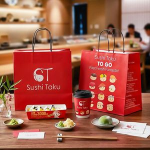 Eco Friendly Disposable Recyclable Custom Logo Kraft Paper Sushi Takeout Food <b>Packaging</b> Bag with Handles for Fast Food - Product Image 4