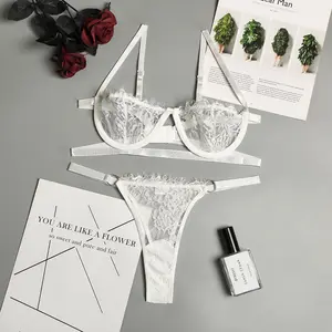 Conjunto de Lencería Sexy de 2 Piezas para Mujer con Curvas, <span class=keywords><strong>Transparente</strong></span>, con Aberturas, Encaje de Pestañas, Brasier Blanco <span class=keywords><strong>Transparente</strong></span> y Tanga - Product Image 4