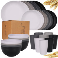 Ensemble de vaisselle en paille de blé réutilisable de 32 pièces avec logo personnalisé en gros, assiettes rondes incassables, compatibles lave-vaisselle et micro-ondes