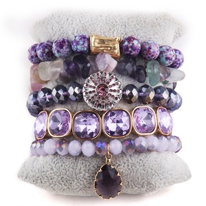 Phụ Nữ Bohemian Đất Sét Polymer Tự Nhiên Chip Đá Vòng Đeo Tay Gốm Rhinestone Nút Vuông Pha Lê Stack Bracelet Set - Product Image 3