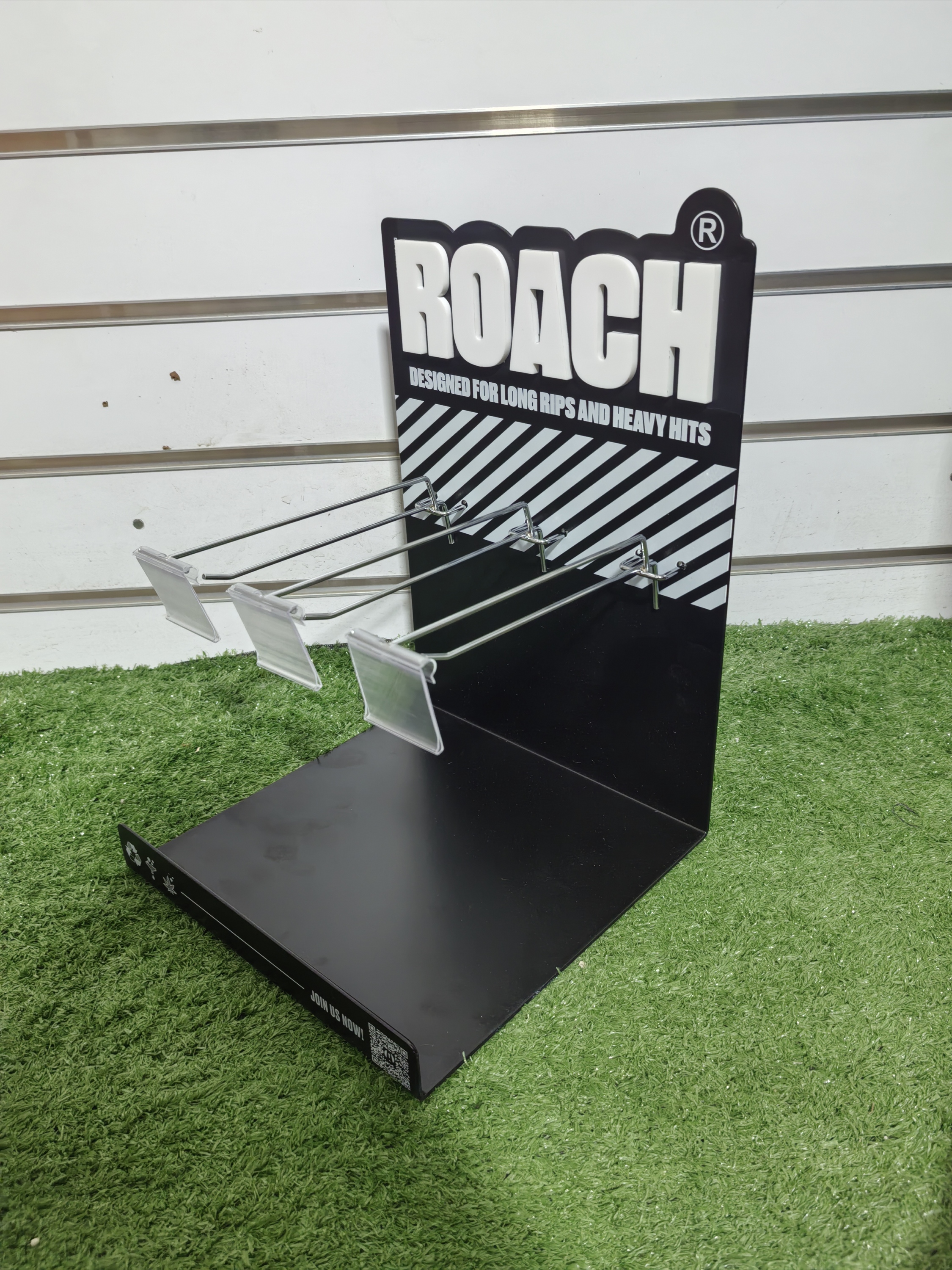 Small L-shaped Metal Display Rack with a Black Finish, Snack Counter Top Stand with 3 Hooks for Retail Shops. — view 4