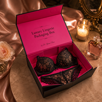 Boîte cadeau de luxe en carton rigide noir et rose avec fermeture magnétique, logo personnalisé en estampage à chaud, ensemble de lingerie sexy, soutien-gorge et culotte