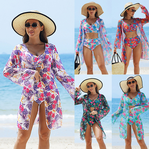 Ensemble <span class=keywords><strong>de</strong></span> bikini 3 pièces à <span class=keywords><strong>taille</strong></span> haute PASUXI OEM avec imprimé floral, kimono à manches longues, froncé, push-up, maille sur le devant, logo, <span class=keywords><strong>maillot</strong></span> <span class=keywords><strong>de</strong></span> <span class=keywords><strong>bain</strong></span> pour femmes - Product Image 6
