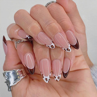 Faux ongles en ABS, amande nude marron, French manucure et imprimé léopard, à presser, réutilisables, 24 pièces, vente en gros