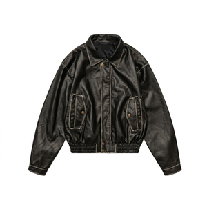 Unisex Spring <b>Retro</b> Eco-Friendly Streetwear Real Cowhide <b>Leather</b> Customizable <b>Jacket</b> Crew Neck Zipper Outerwear Windproof Loose - Product Image 1