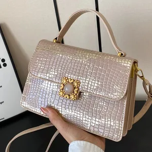 2023 Fashion Women Crocodile Pattern PU Leather Messenger Bags" with a designer white and blue flap shoulder bag