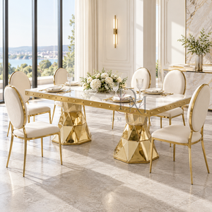Luxury <b>Gold</b> Stainless Steel Rectangular Dining <b>Table</b> Double Faceted Pedestal Base for Wedding Banquet Project Supply - Product Image 3