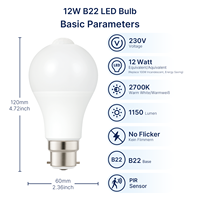 Ampoule LED à détecteur de mouvement PIR A60, livraison rapide, 12W, 1150LM, 3000K, allumage/extinction automatique, blanc chaud, capteur B22, AC230V, certifiée CE