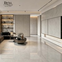 Carrelage grand format en porcelaine marbrée gris clair, pleine masse, haute brillance, antidérapant, pour sols de villas, salons et chambres.