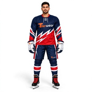 Camiseta de Hockey sobre Hielo para Hombre Tiierwear, Manga Larga, Sublimada, Transpirable, de Poliéster, Diseño a Rayas Rojo, Azul y Blanco, Uniforme para Adultos, Talla Regular - Product Image 1