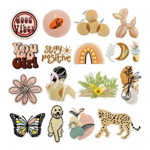 Iron on Embroidery Brown <b>pink</b> Color rainbow butterfly Flower Goodvibes Patch for Clothes Hat Decoration - Product Image 1