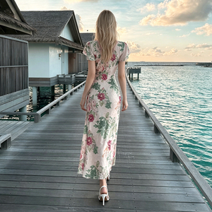Retro Floral Print Ruffle Midi Dress V Neck Women Flowy Slim Fit Elegant Vacation Casual Summer Dress - Product Image 4