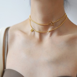 Đôi vòng choker OT khóa chuyển đổi Hoop đính cườm bóng chuỗi dài vòng cổ hai cách mặc thép không gỉ 18K mạ vàng - Product Image 1