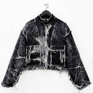 Chaqueta vaquera de manga acampanada con <span class=keywords><strong>flecos</strong></span> recortada de gran tamaño con bolsillo de carga lavado ácido Vintage envejecido personalizado de peso pesado - Product Image 3
