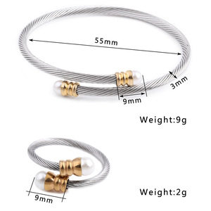 Stainless Steel Pearl Inlaid <b>Adjustable</b> Cable <b>Bracelet</b> Two Tone Fashion Jewelry Everyday Wear - Product Image 2
