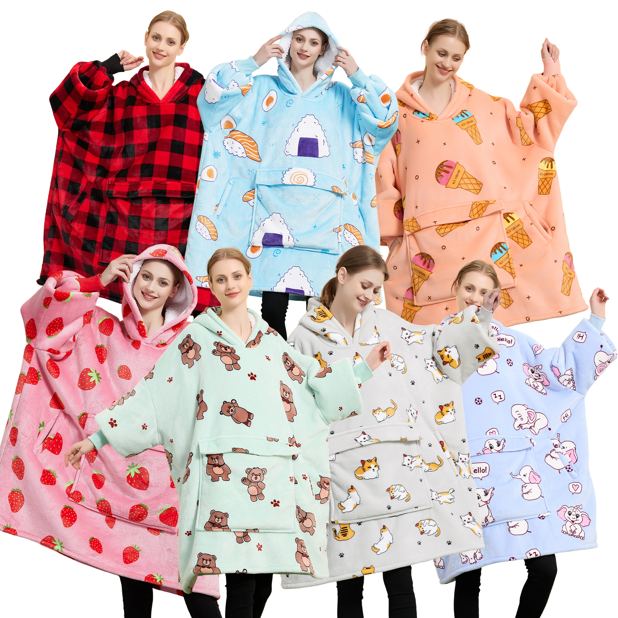 Hochwertiger Winter 100% Polyester Custom ized Wearable Blanket Plüsch Übergroße Fleece Hooded Blanket Hoodie für erwachsene Kinder