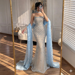 Serene Hill LA73226A Blue <strong>Silver</strong> Zipper Back Mermaid Beaded Evening <strong>Dresses</strong> with Shawl 2026 Luxury Party Gowns for <strong>Women</strong> - Product Image 3