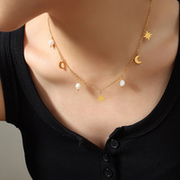 Collier de luxe plaqué or avec pendentif étoile et lune en perle d'eau douce, chaîne fine en acier inoxydable 316L, bijou tendance